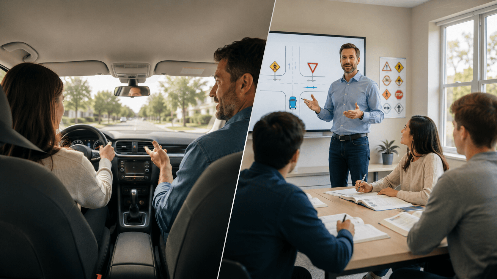 Enstriktè k ap gide yon elèv ki ap kondwi, akòz yon klas sou siyal wout nan JMC Driving School nan Waltham, Massachusetts